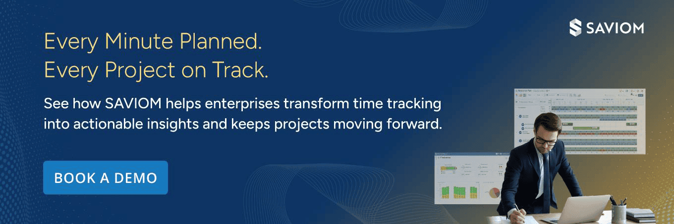 Banner promoting SAVIOM to transform time tracking into actionable insights with book a demo CTA.
