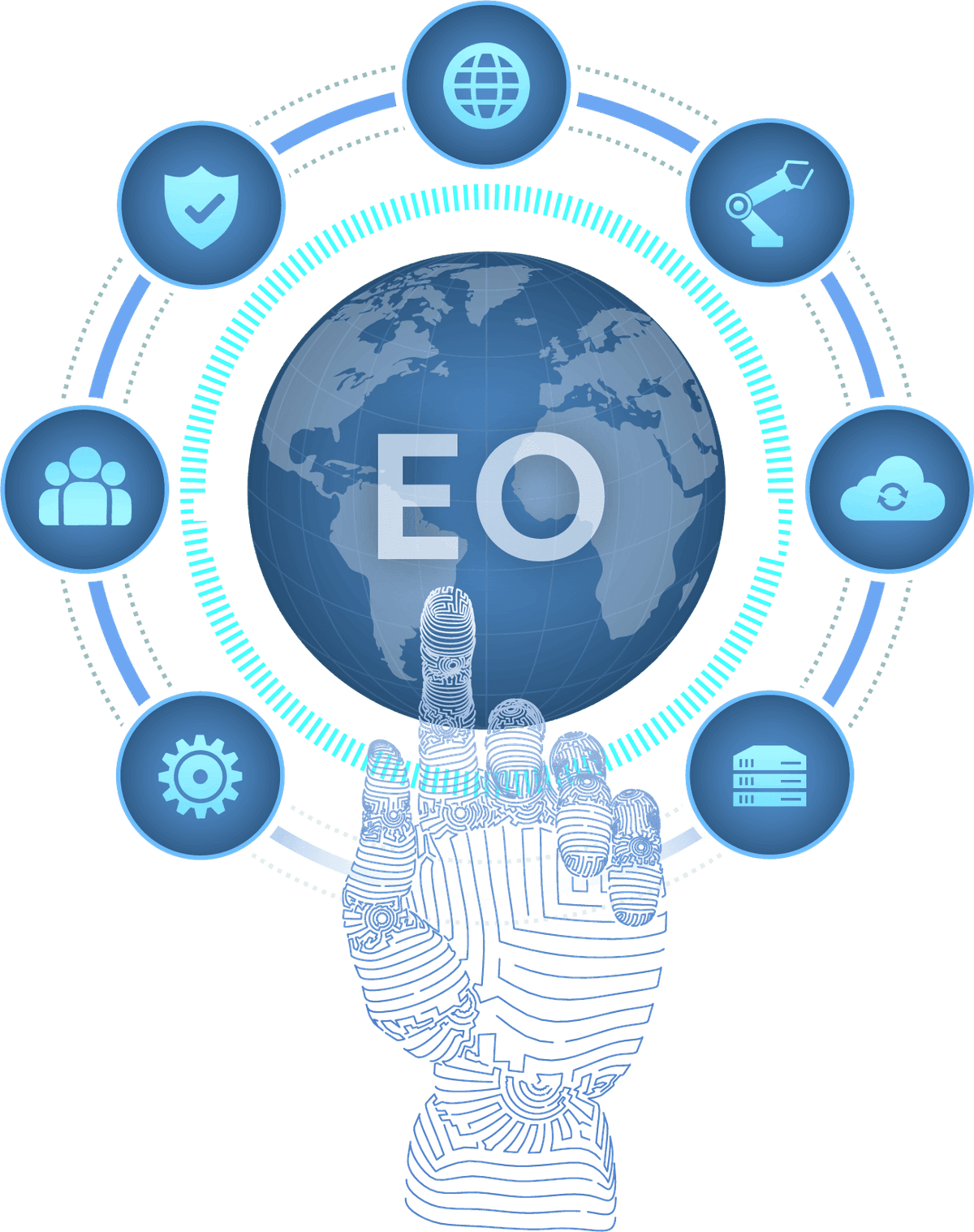 Digital operations interface with a robotic hand selecting PMO related icons