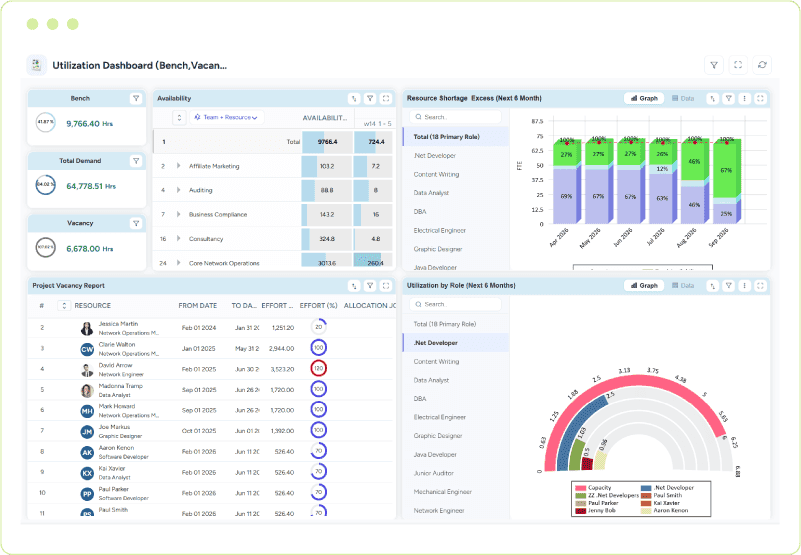 Dashboard showcasing bench strength, vacancy, availability, resource shortage and excess trends, and utilization by role