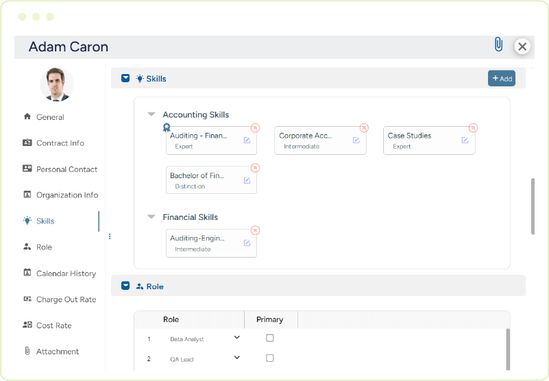 Resource profile interface showing skills, proficiency levels, and role details