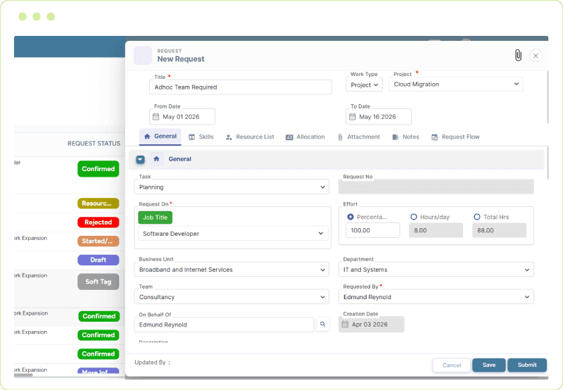 Resource request form interface showing project details, job title, effort allocation, and status