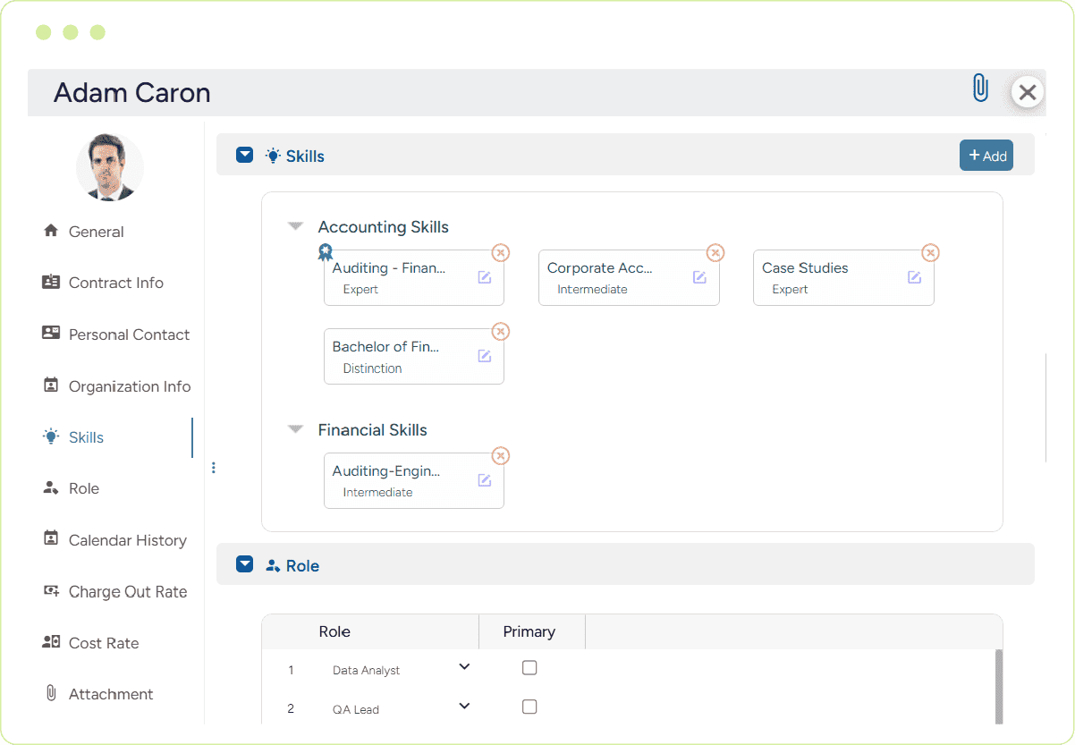 Skill tracking dashboard displaying resource competencies and roles for effective talent planning