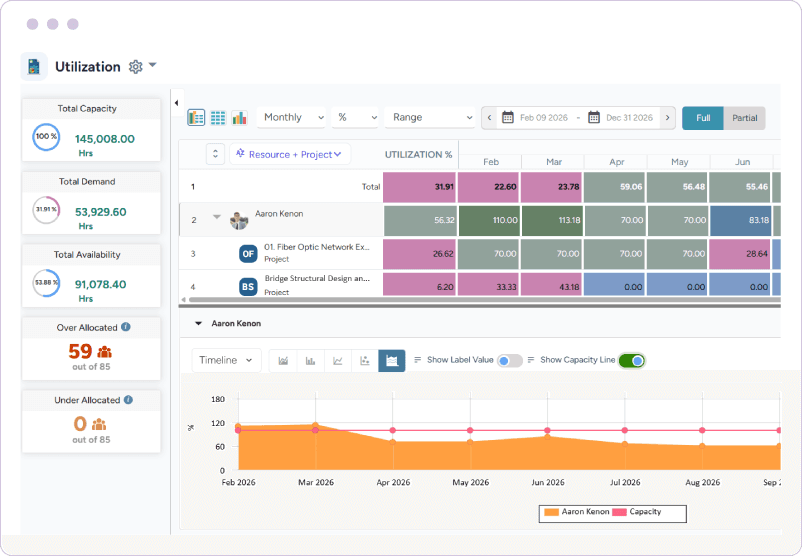 Dashboard showing workforce capacity, demand, availability, over/allocated resources, and monthly utilization percentages