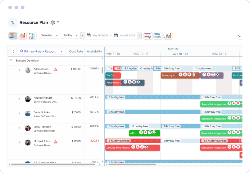 Dashboard showing resource availability with scheduled work, free time, and overload indicators across weekly periods