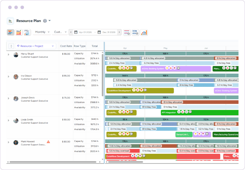 Dashboard showing resource plan with cost rate, capacity, utilization, availability, and project allocations
