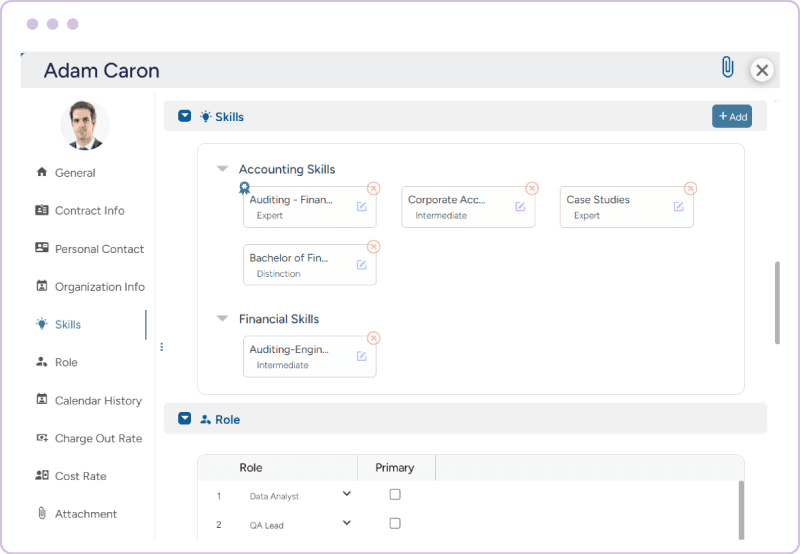 Employee profile showing skills, proficiency levels, roles, and primary role selection
