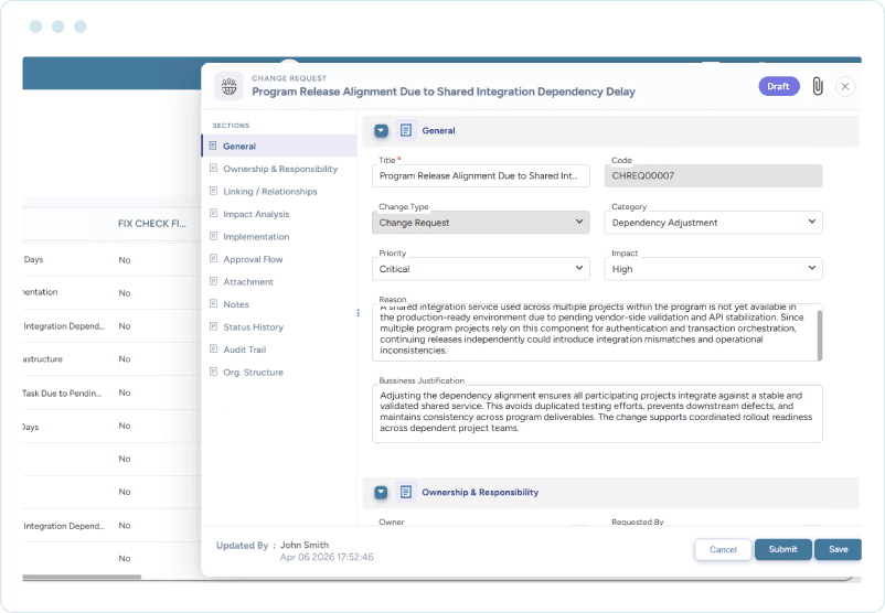 Form showing change request with priority, impact, reason, business justification, ownership, and approval sections