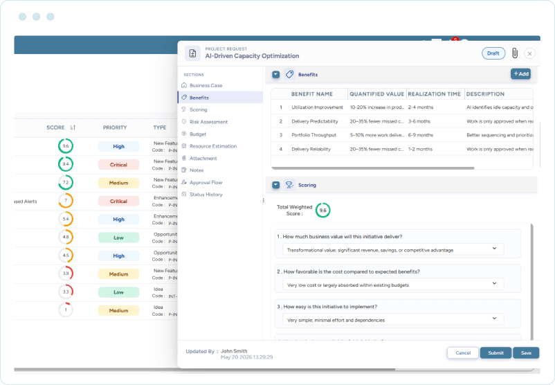 Interface showing a project request benefits scoring with quantified value, realization time, descriptions, and questions