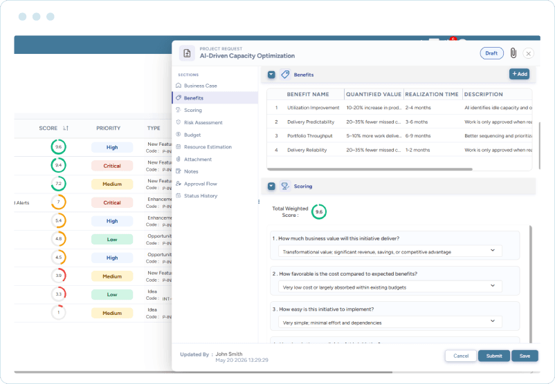 Project request form showing project benefits, quantified values, realization time, and scoring questions