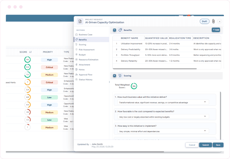 Dashboard showing benefits, quantified value, and scoring for AI-driven capacity optimization project