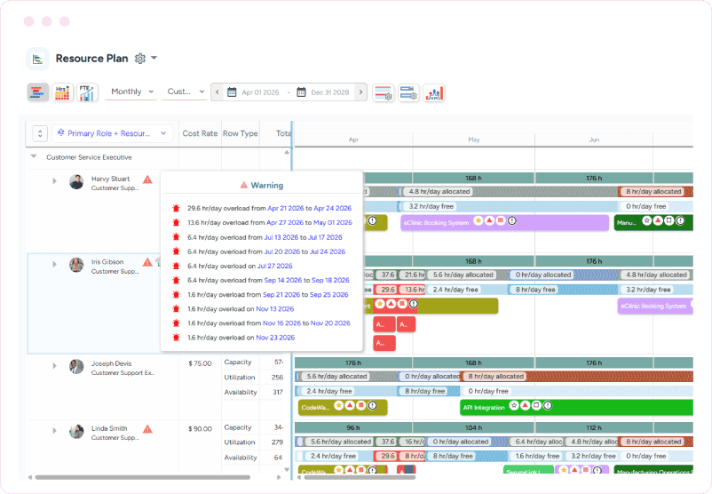 Dashboard showing monthly project allocations, capacity, utilization, availability, and overload warnings