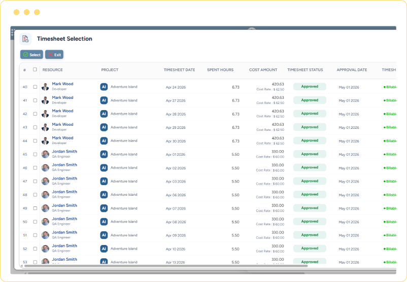 Dashboard showing timesheet records with resources, spent hours, cost amounts, and approval status