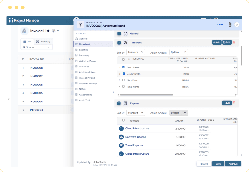 Dashboard showing invoices, project details, timesheet entries, and expense items for billing review