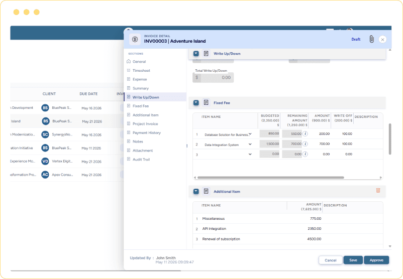 Dashboard showing invoice detail with write-up/down, fixed fee, additional items, and approval workflow