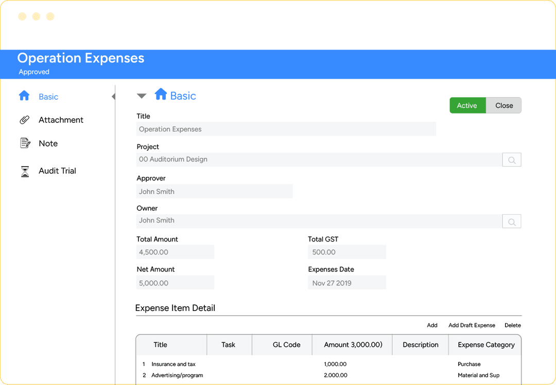 PSA project accounting software operational expenses screen