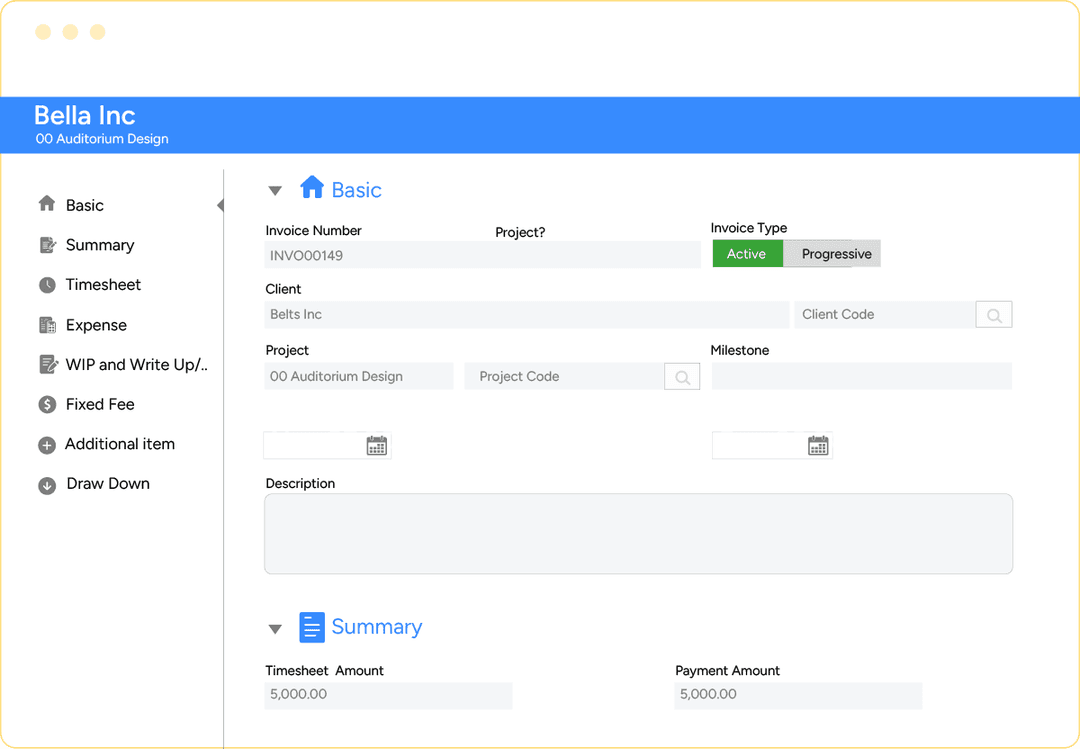 PSA project accounting software invoice detail screen