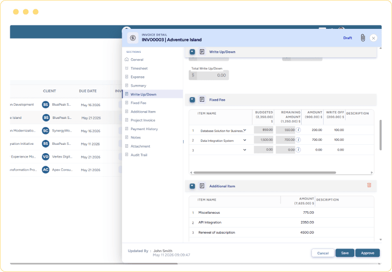 Dashboard showing fixed fee amounts, write-off values, additional billing items, and invoice approval controls