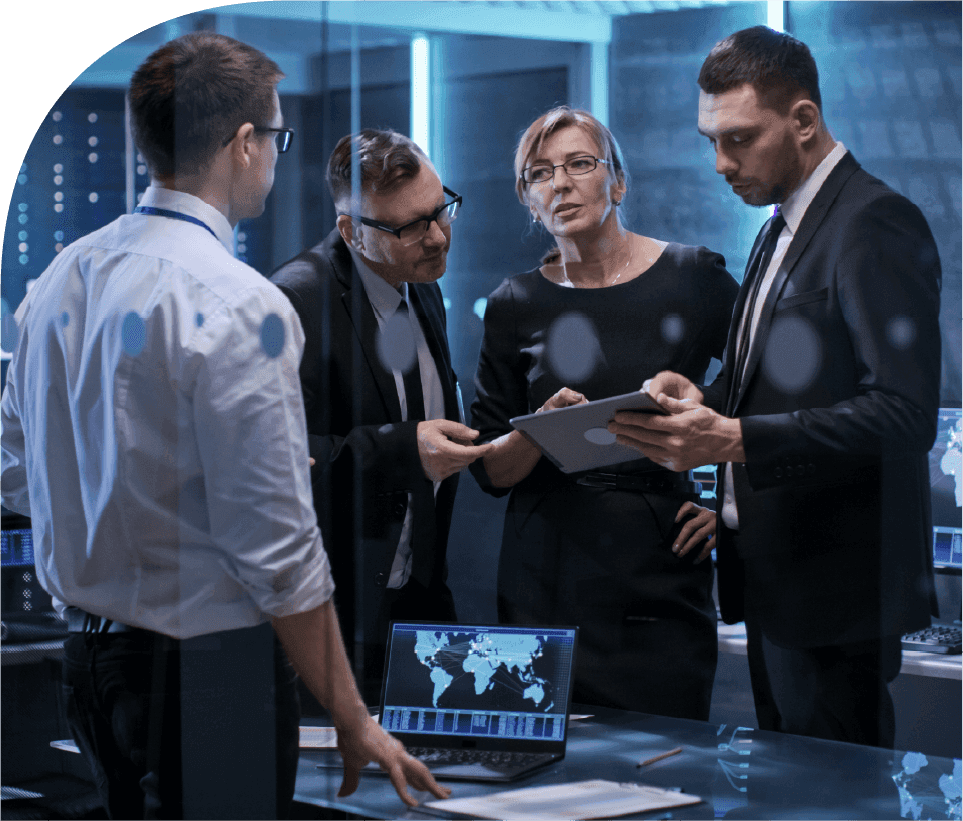 Business team analyzing project profitability and operational performance with SAVIOM