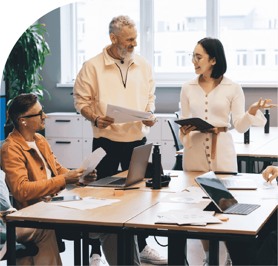 Business professionals discussing a project portfolio