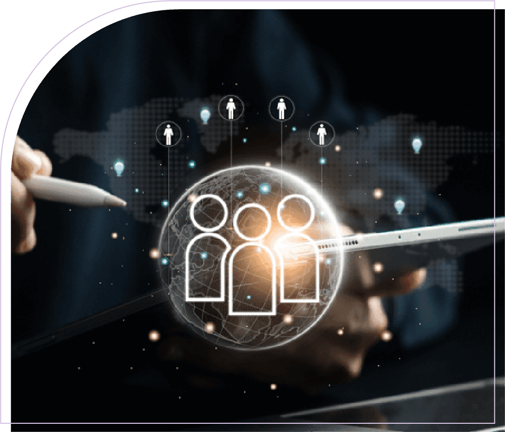 Digital workforce icons over a tablet showing employee assignment across locations