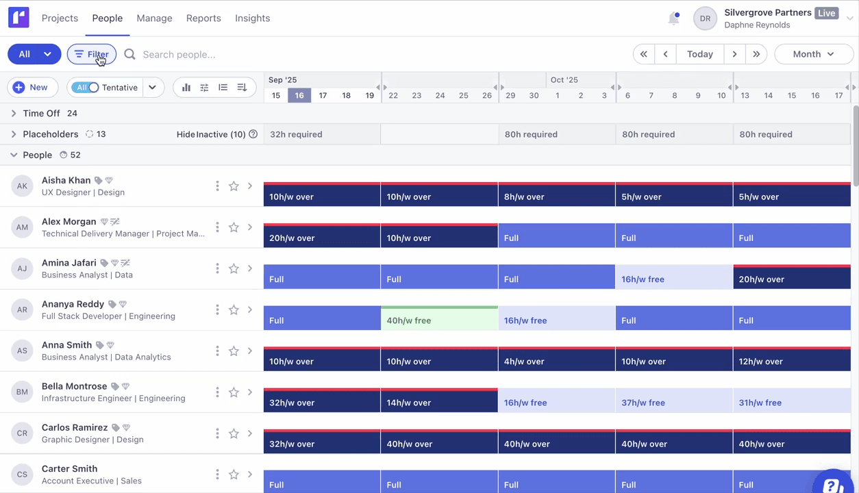 Dashboard showcasing available resource capacity across weekly timelines