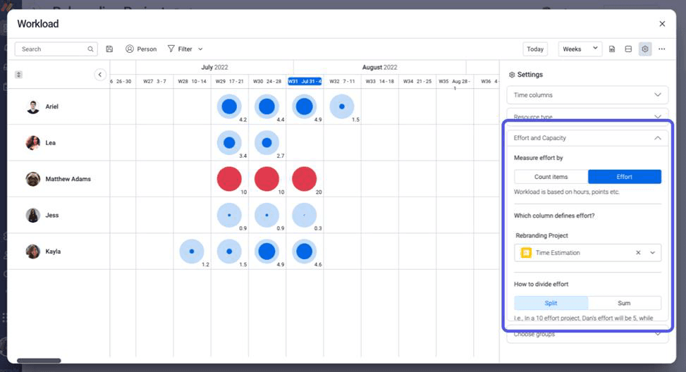 Dashboard displaying current workloads across monthly timelines