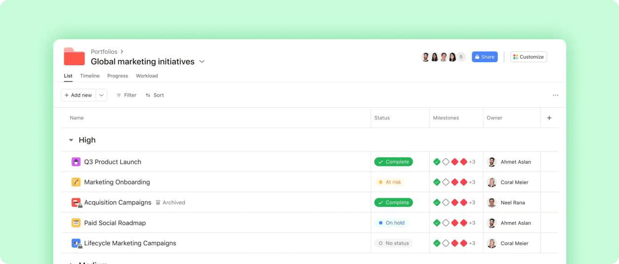 Asana portfolio dashboard displaying multiple tasks under a portfolio along with their status, milestones, and owner