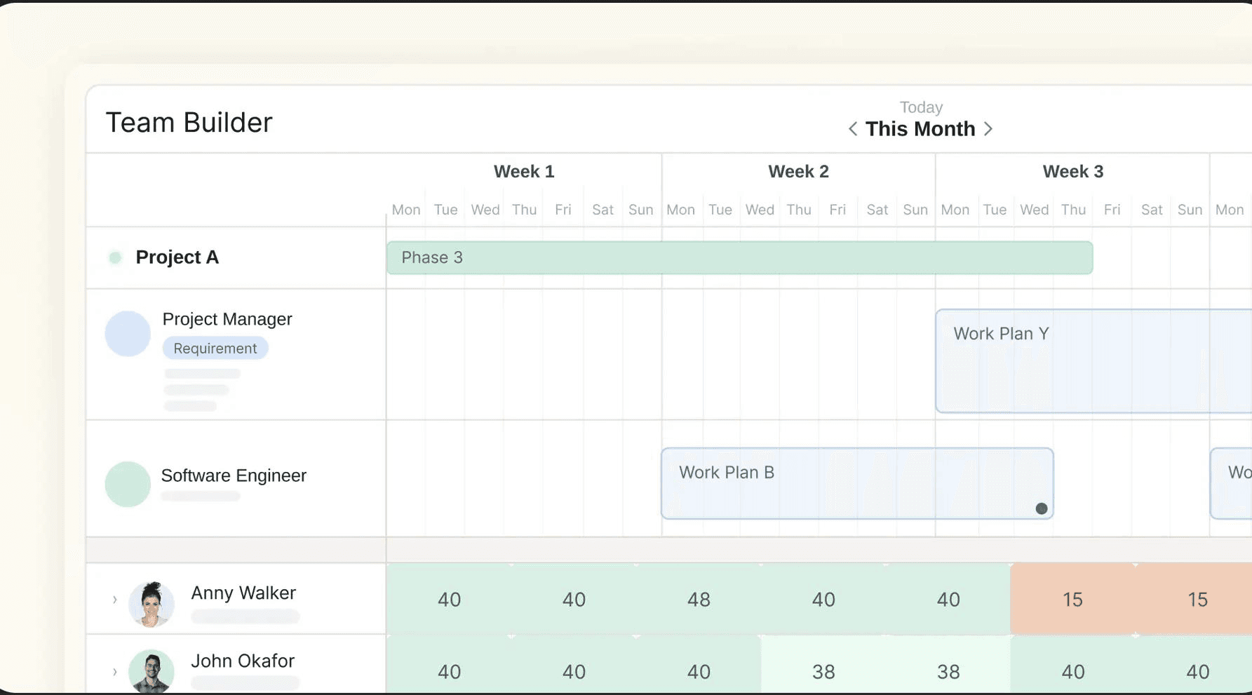 Mosaic team builder dashboard displaying project roles, work plans, team assignments, and resource capacity