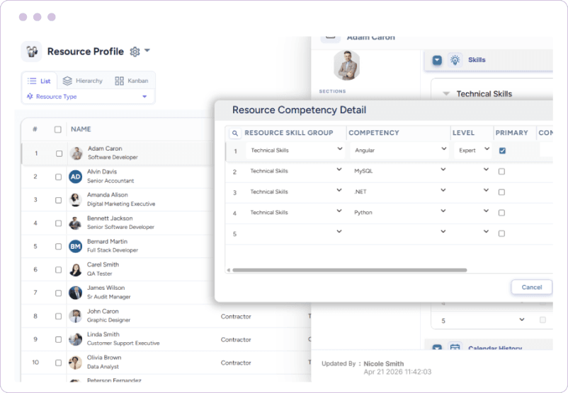 Dashboard displaying available skills of a single resource