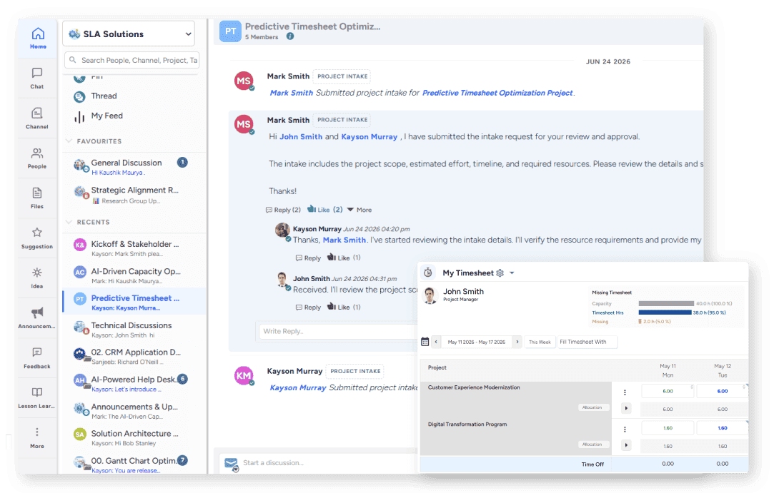Dashboard showing team collaboration around project intake, resource requirements, approvals, and timesheet updates