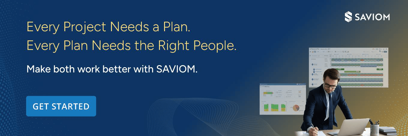 SAVIOM banner highlighting smarter project planning and resource allocation with a get started CTA.