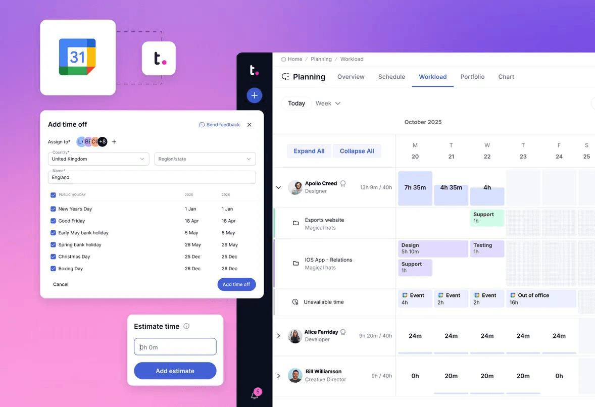 Dashboard showcasing weekly assignments, unavailable time, task estimates, and team capacity