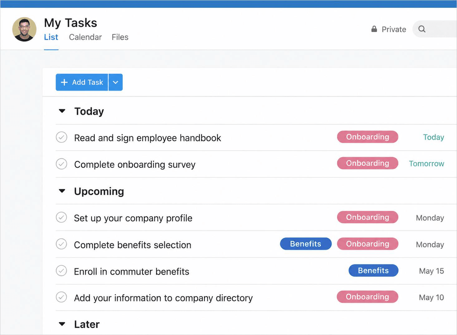 Asana personal task list showing onboarding and benefits tasks