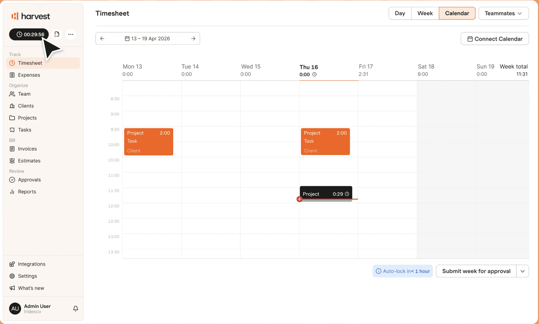 Harvest timesheet dashboard showing weekly calendar view, tracked project hours, timer, and approval submission option