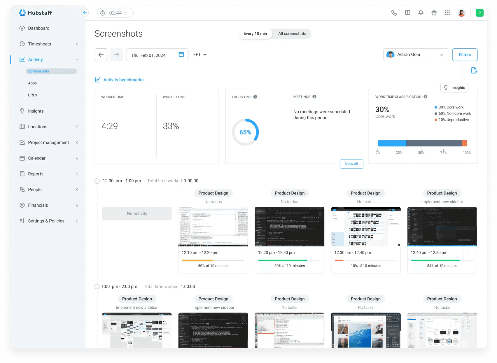 Hubstaff remote productivity monitoring dashboard showing screenshots, worked time, focus time, and hourly activity tracking