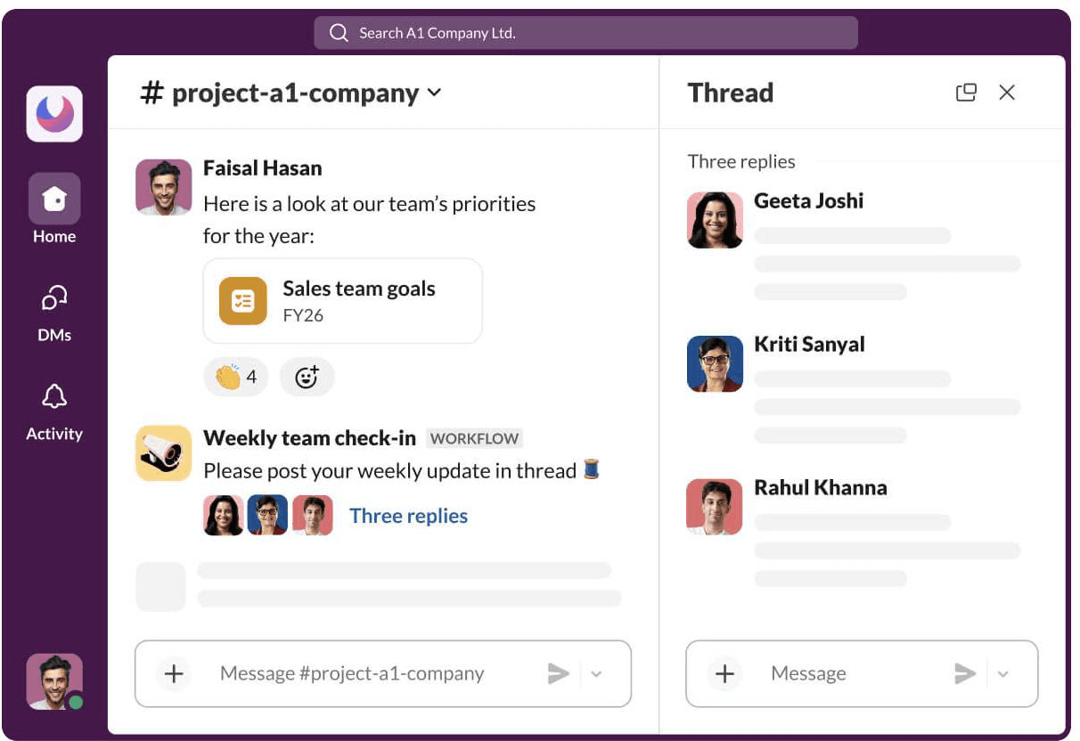Slack project channel showing team updates and threaded replies