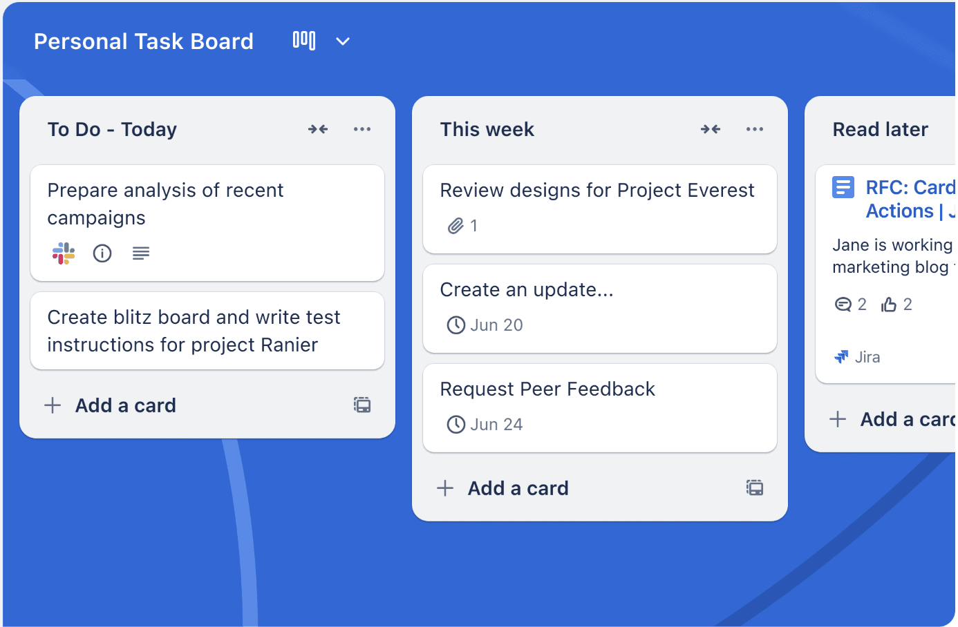 Trello personal task board showing to-do cards, weekly tasks, read-later items, due dates, comments, and integrations
