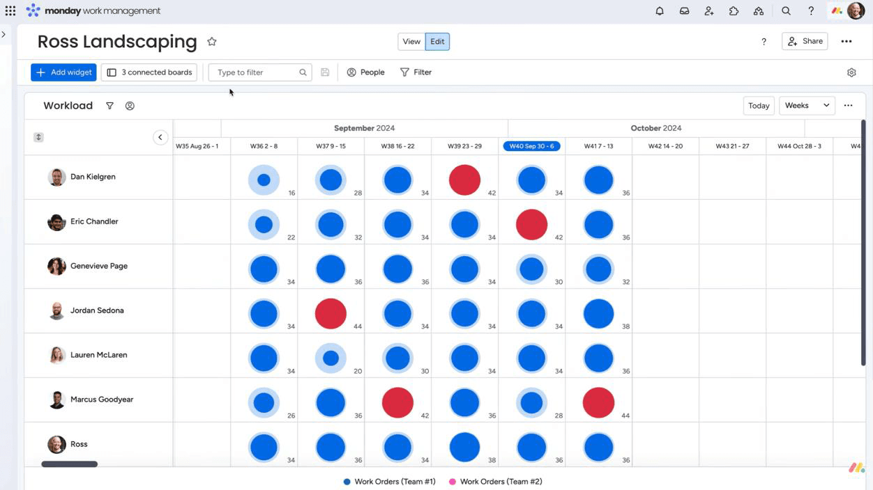 Monday workload widget view displaying red and blue colored dots highlighting under- and overutilized workforce capacity