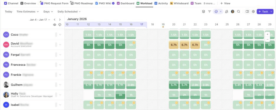 Dashboard displaying workload distribution in hours for resources across a monthly timeline