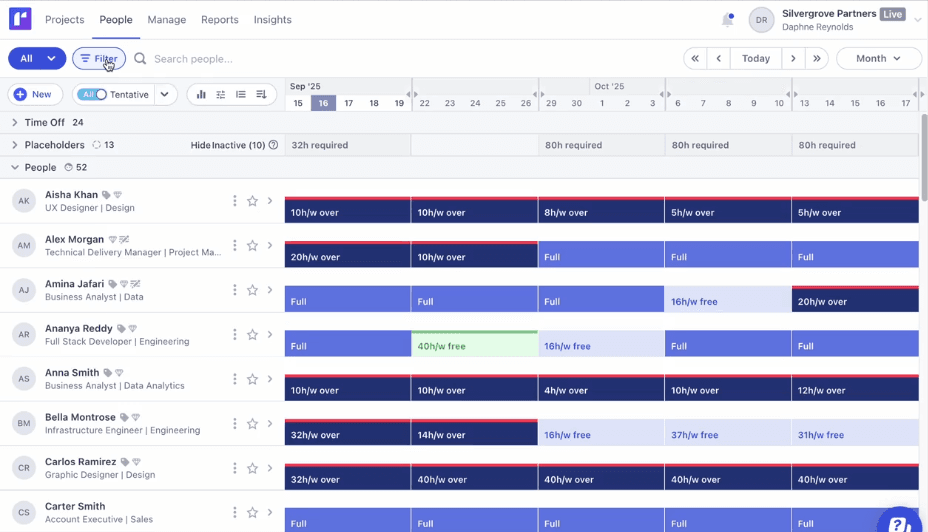 Dashboard showcasing available resource capacity across weekly timelines