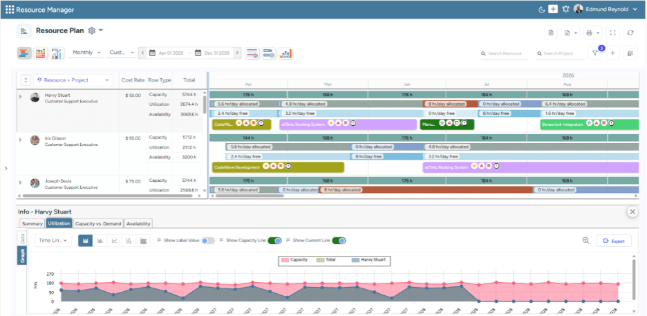 Dashboard displaying capacity, utilization, and availability for multiple resources across a monthly timeline