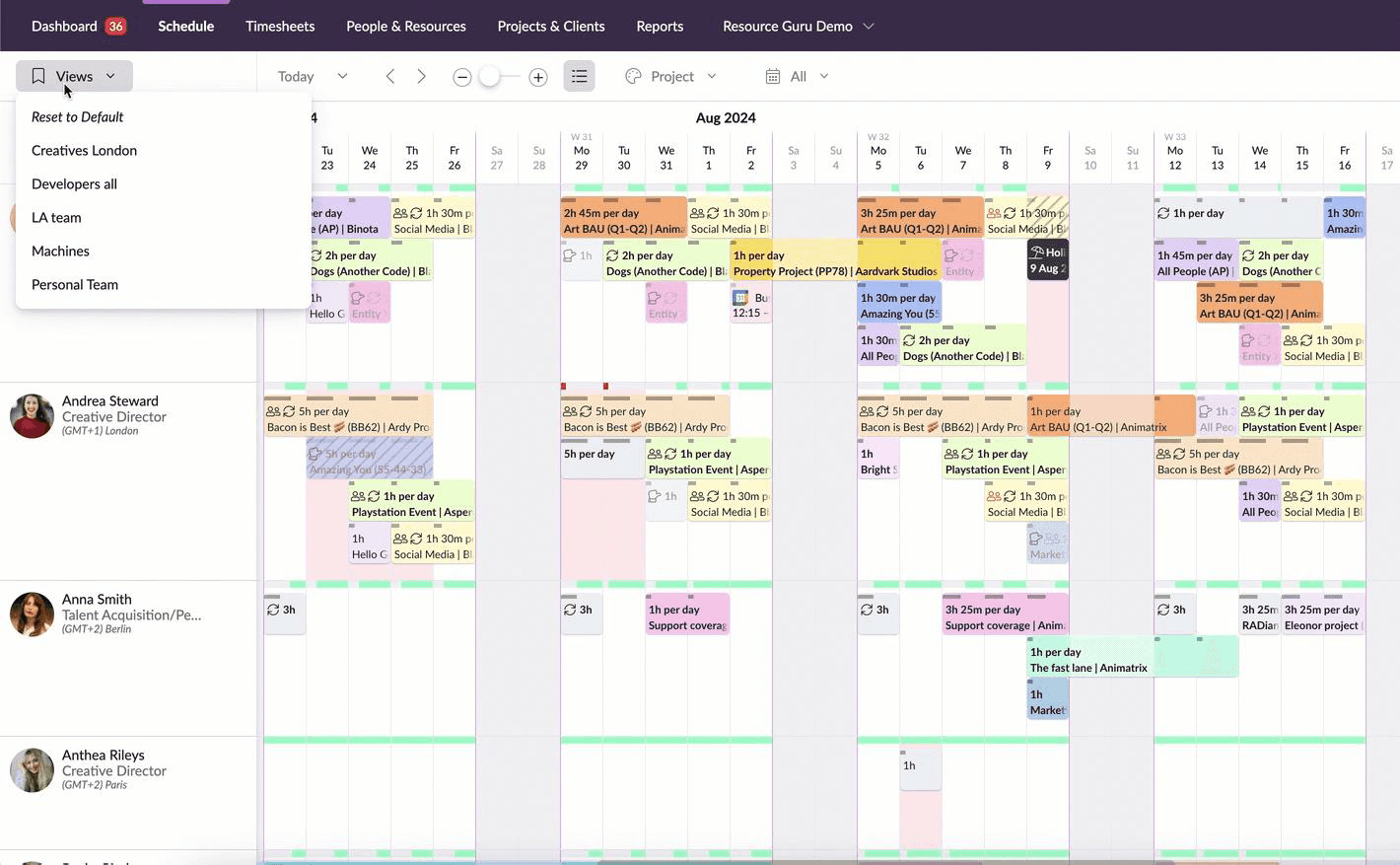 Dashboard displaying multiple resource bookings in a weekly timeline