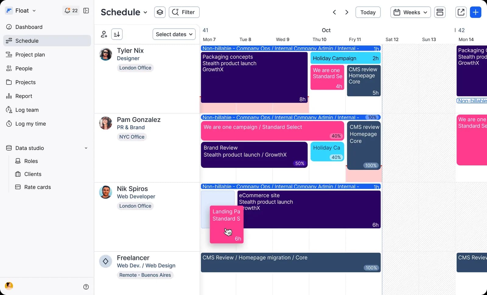 Float resource schedule dashboard offering visibility into current schedules across a daily timeline