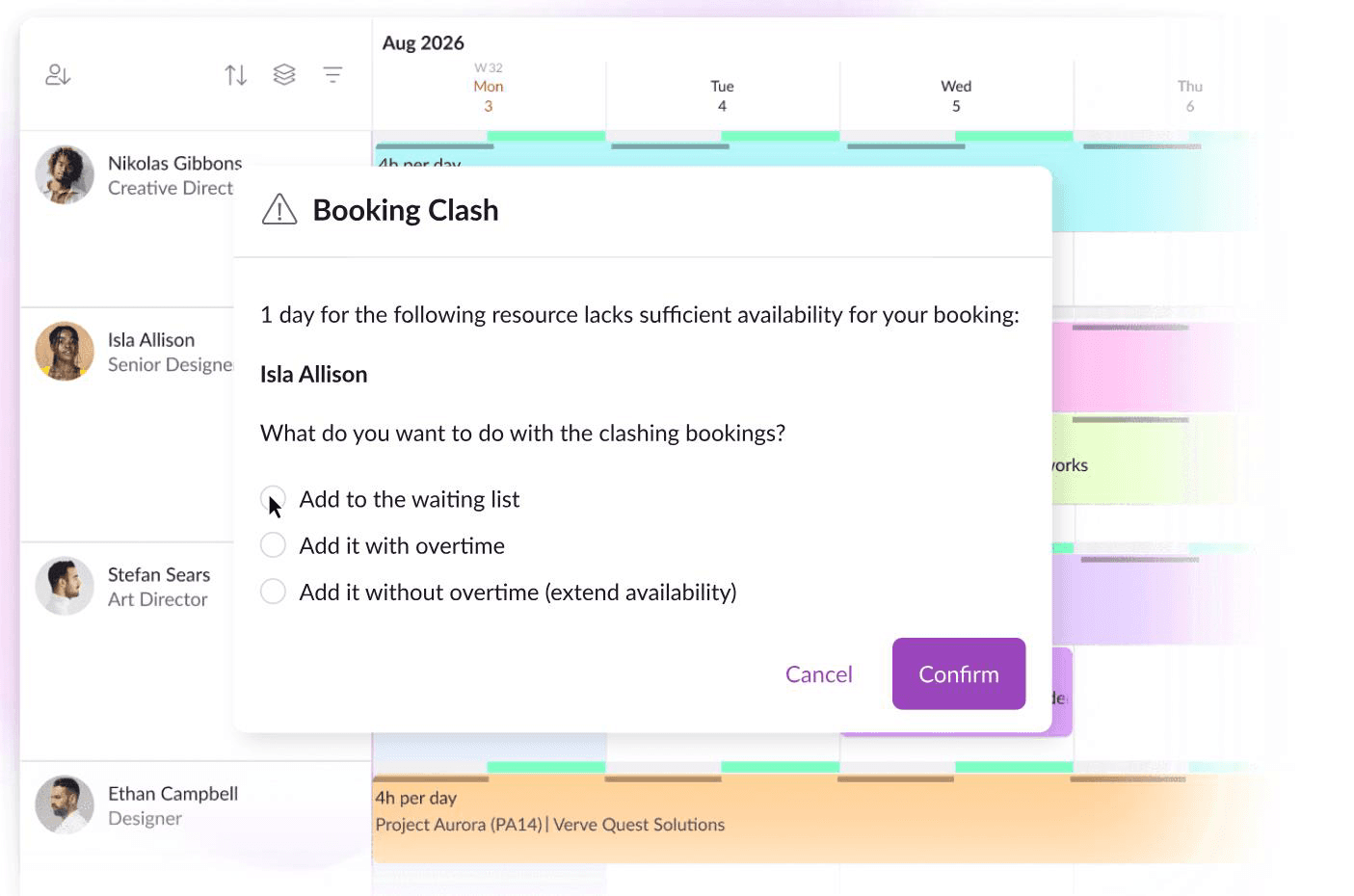 Resource Guru clash management dashboard showcasing booking conflict and solution options for a resource