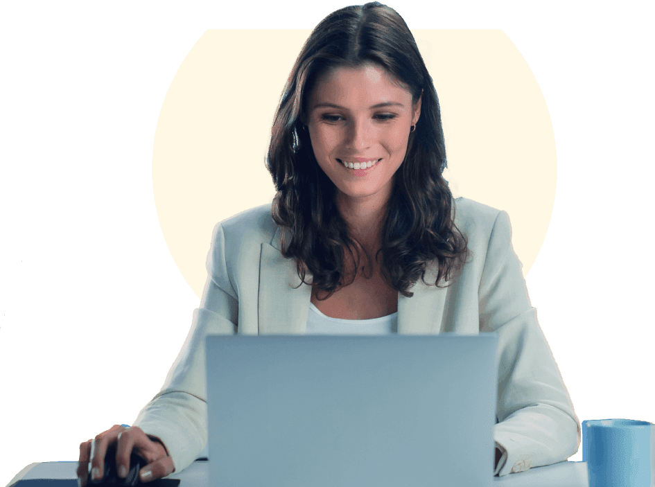 A woman booking her free software demo on a laptop