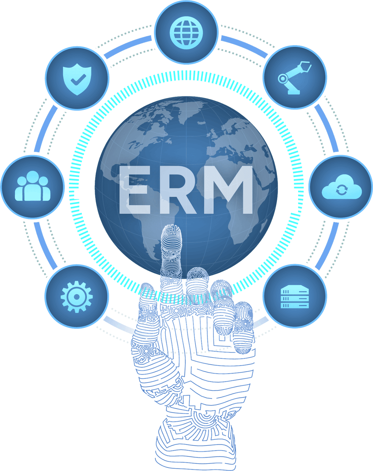 Digital enterprise resource management interface showing global resource visibility and workforce coordination icons
