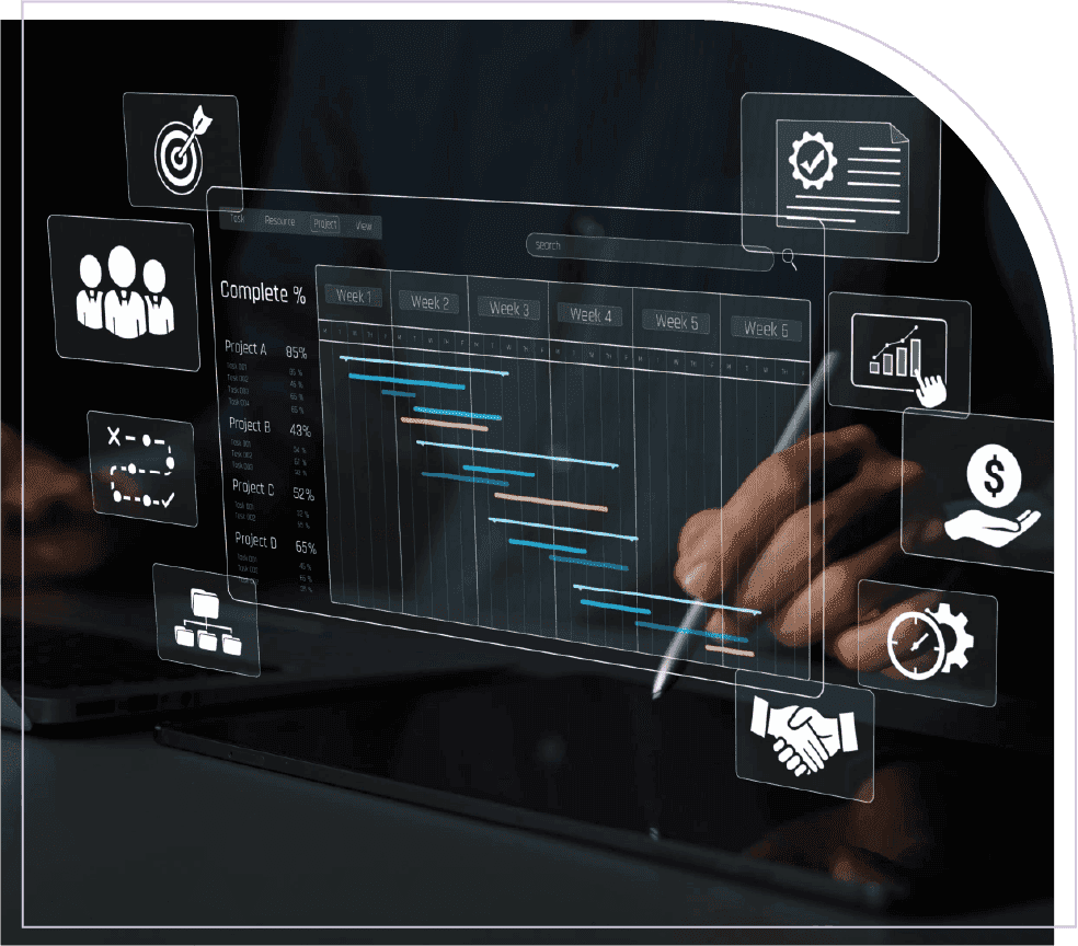Digital interface showing equipment scheduling, project schedules, resource icons, timelines, and performance indicators