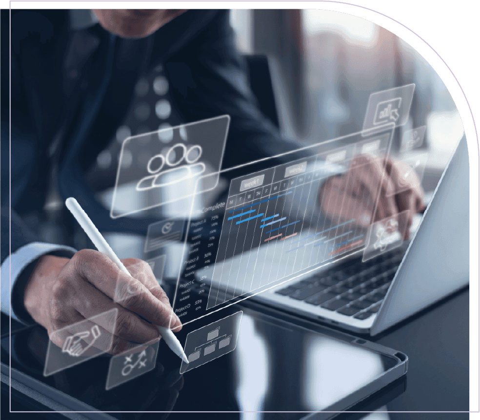 PMO manager analyzing project schedules and resource data through a digital interface