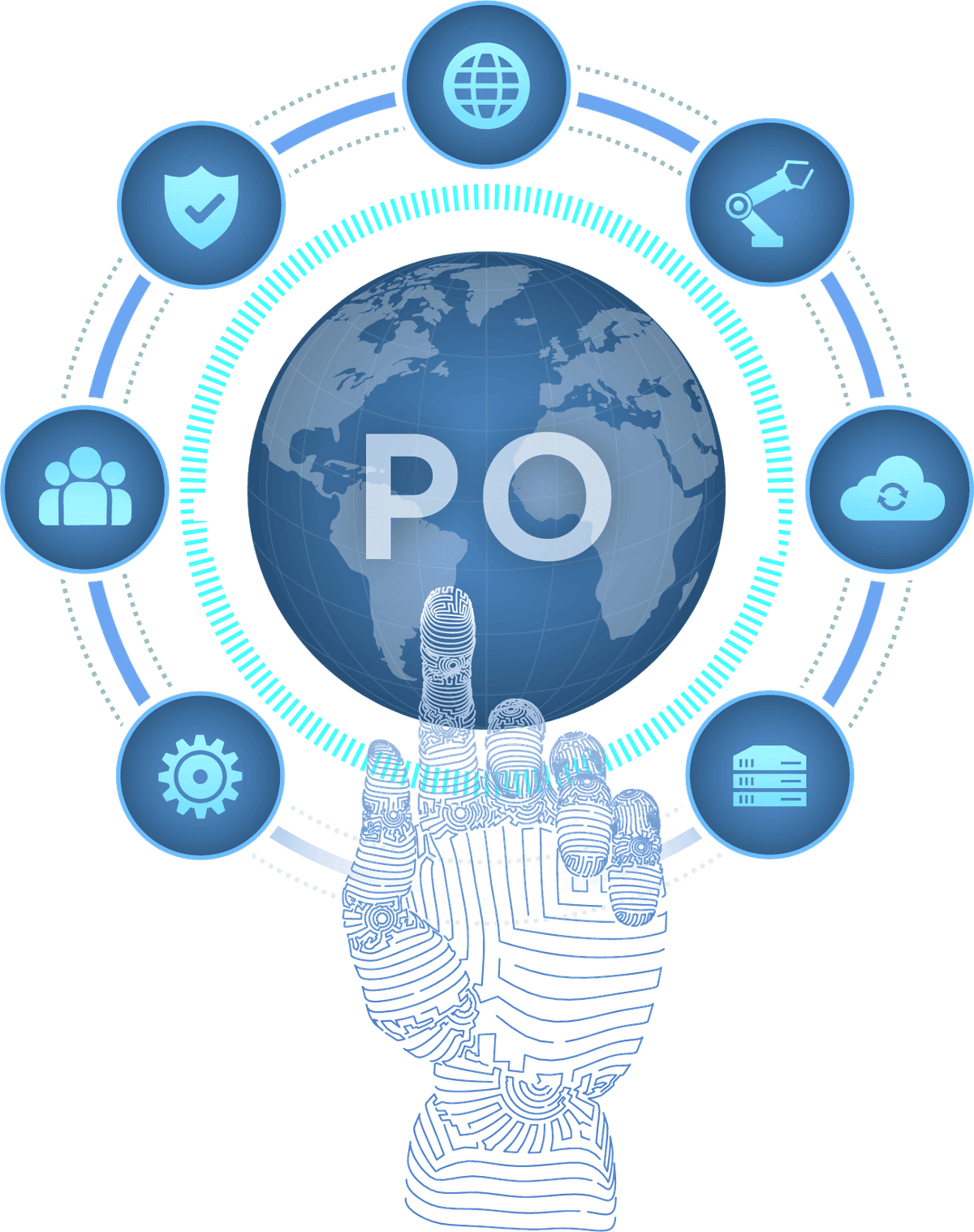 Digital hand coordinating project operations with global project management and workflow icons