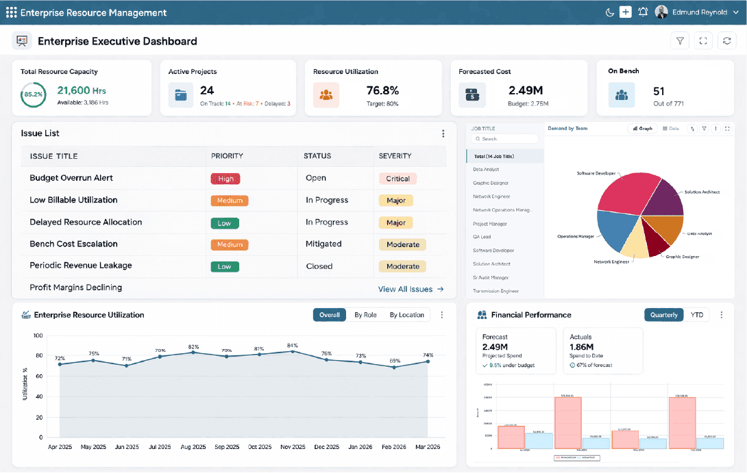 Dashboard showing enterprise resource overview with capacity, utilization, project status, issues, and financial performance